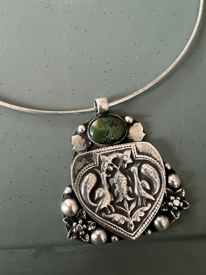 Antique Tribal 925 Silver Hasli Necklace | SHIVKA | 46g | Detachable Pendant 2.5x2 in | Natural Stone | Handmade Statement Jewelry