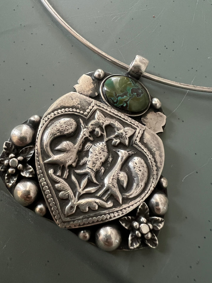 Antique Tribal 925 Silver Hasli Necklace | SHIVKA | 46g | Detachable Pendant 2.5x2 in | Natural Stone | Handmade Statement Jewelry