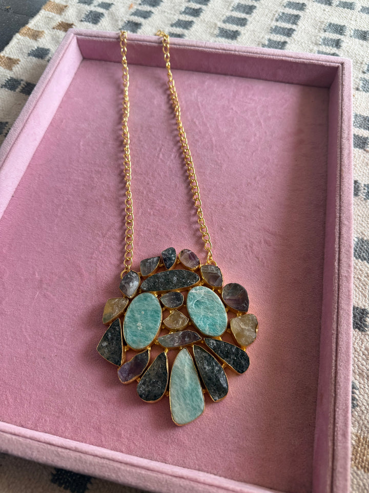 Handmade Natural Gemstones Statement Necklace | Brass Adjustable Lobster Claw Jewelry