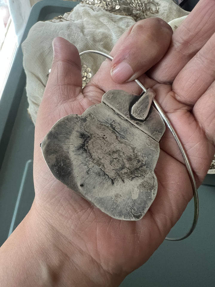 Antique Tribal 925 Silver Hasli Necklace | SHIVKA | 46g | Detachable Pendant 2.5x2 in | Natural Stone | Handmade Statement Jewelry