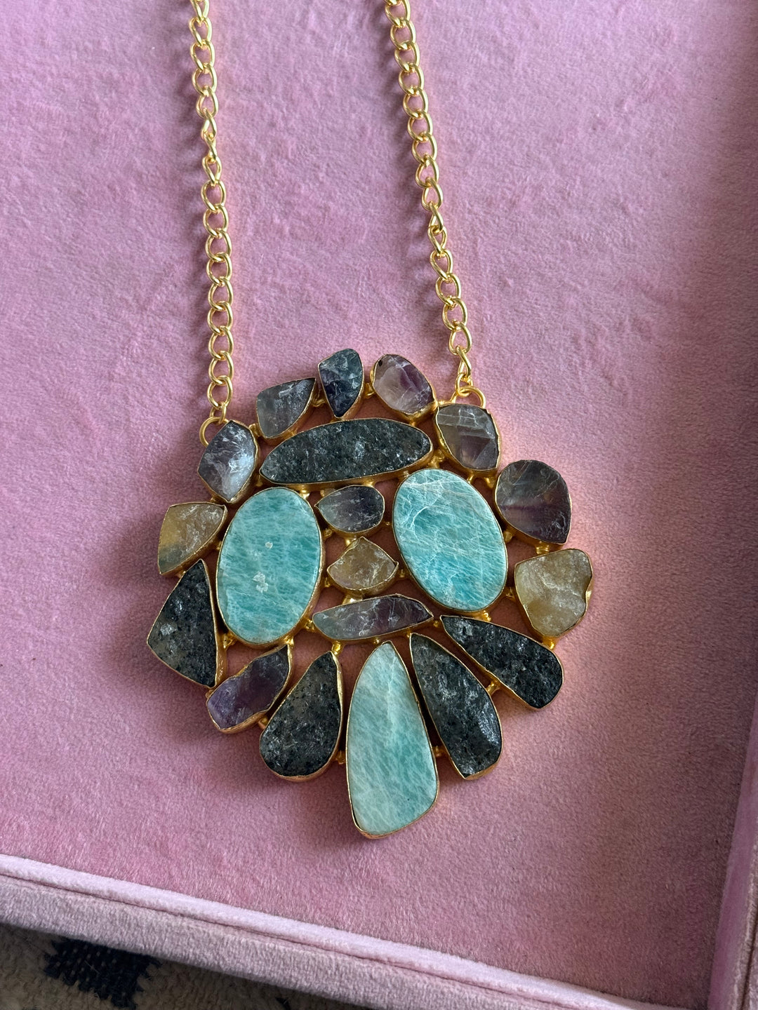 Handmade Natural Gemstones Statement Necklace | Brass Adjustable Lobster Claw Jewelry