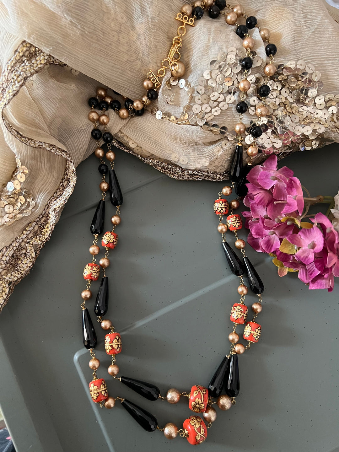 Vintage Handpainted Corals and Black Onyx Necklace