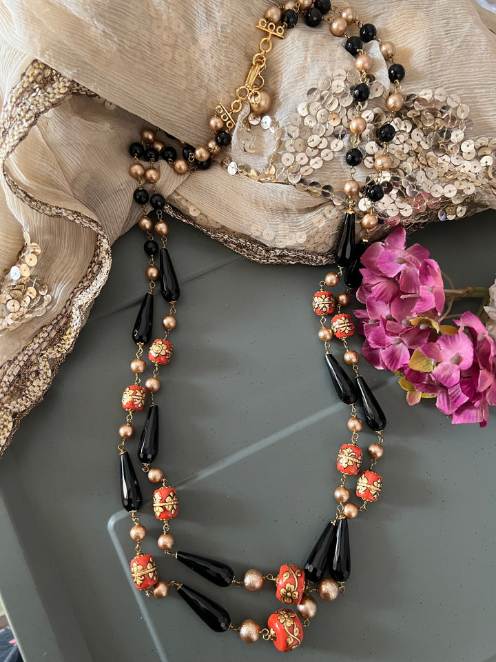 Vintage Handpainted Corals and Black Onyx Necklace