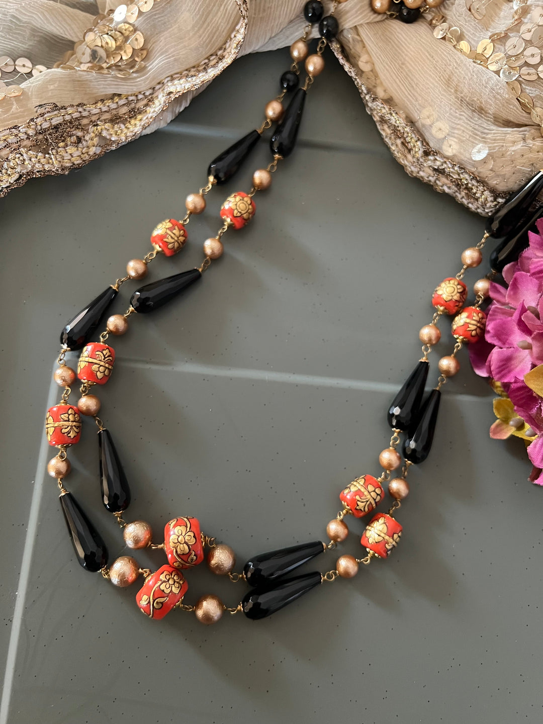 Vintage Handpainted Corals and Black Onyx Necklace