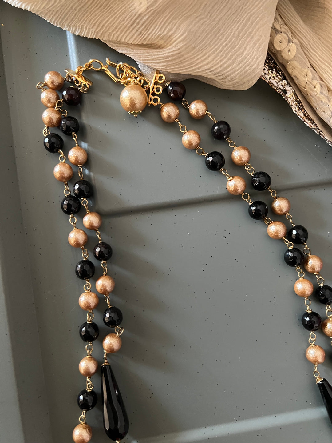 Vintage Handpainted Corals and Black Onyx Necklace