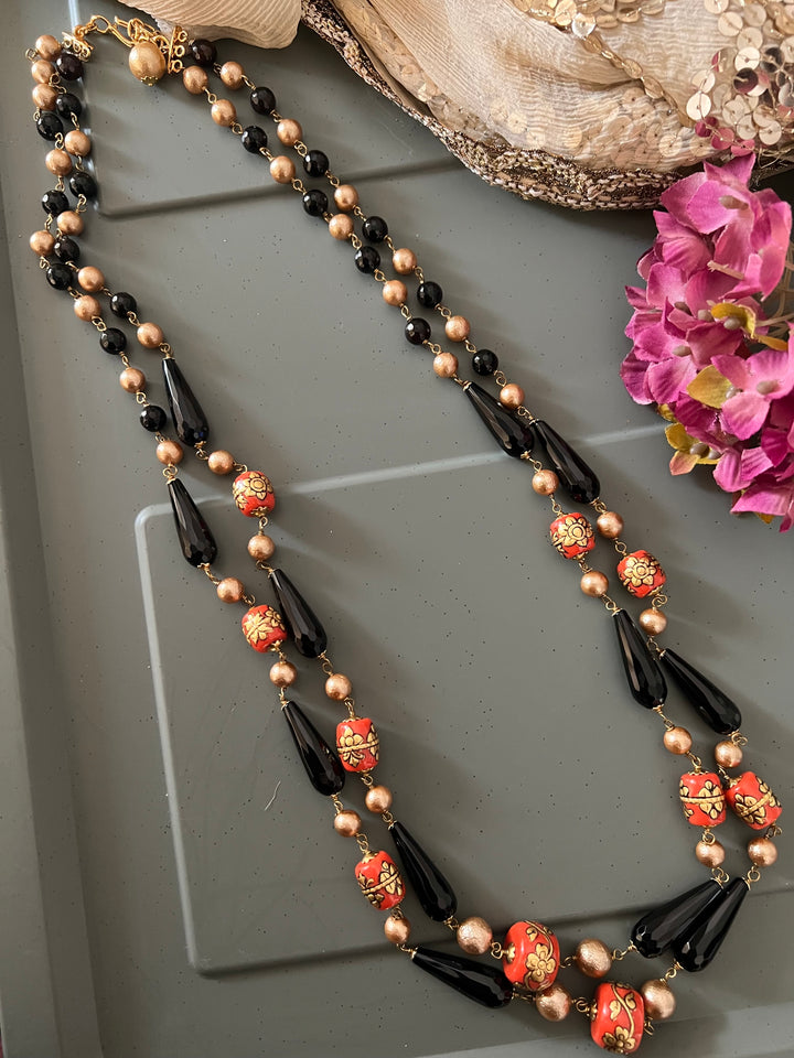 Vintage Handpainted Corals and Black Onyx Necklace
