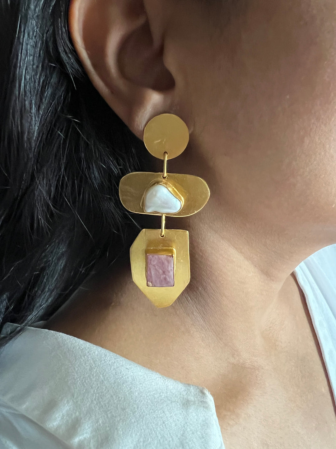 Statement Brass Danglers with Baroque Pearl and Natural Raw Gemstones