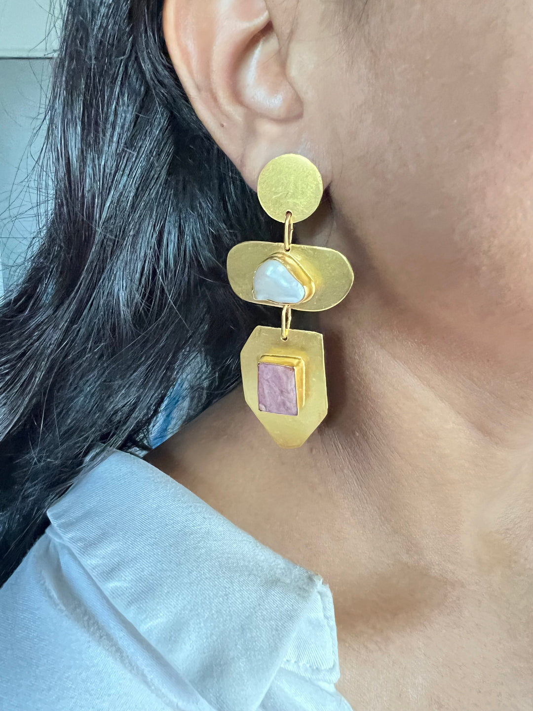 Statement Brass Danglers with Baroque Pearl and Natural Raw Gemstones