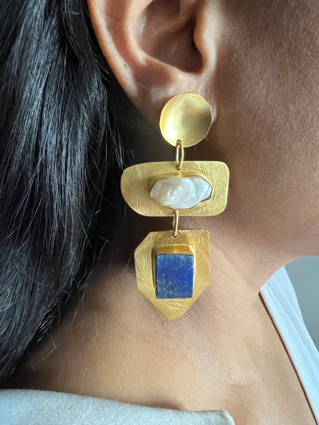 Statement Brass Danglers with Baroque Pearl and Natural Raw Gemstones