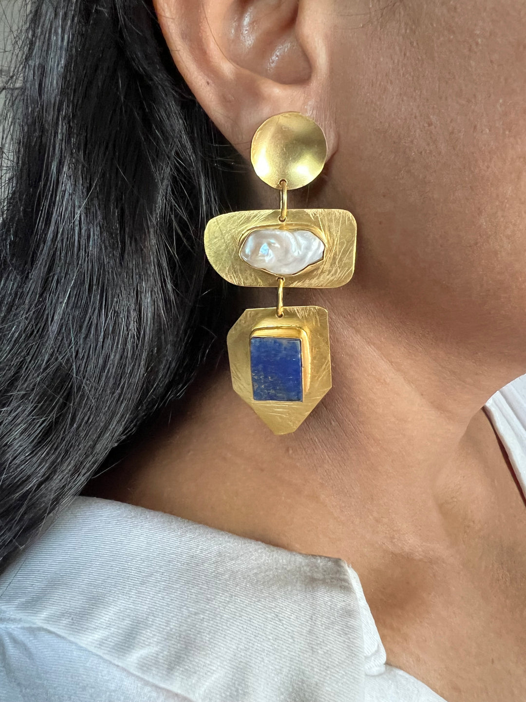 Statement Brass Danglers with Baroque Pearl and Natural Raw Gemstones