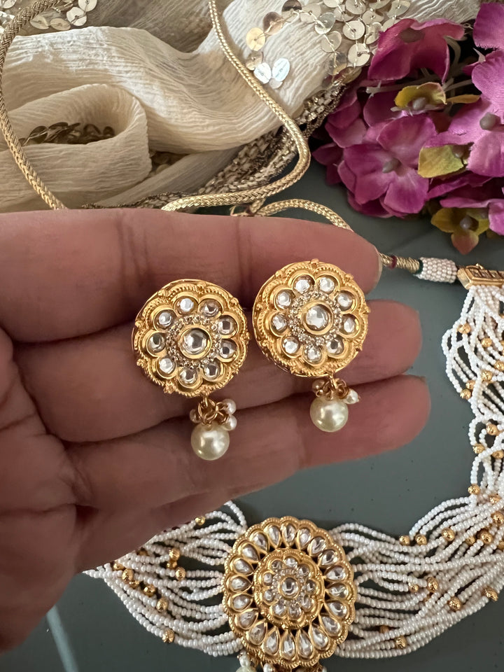 Gold Beaded Pearl Kundan Choker with Studs