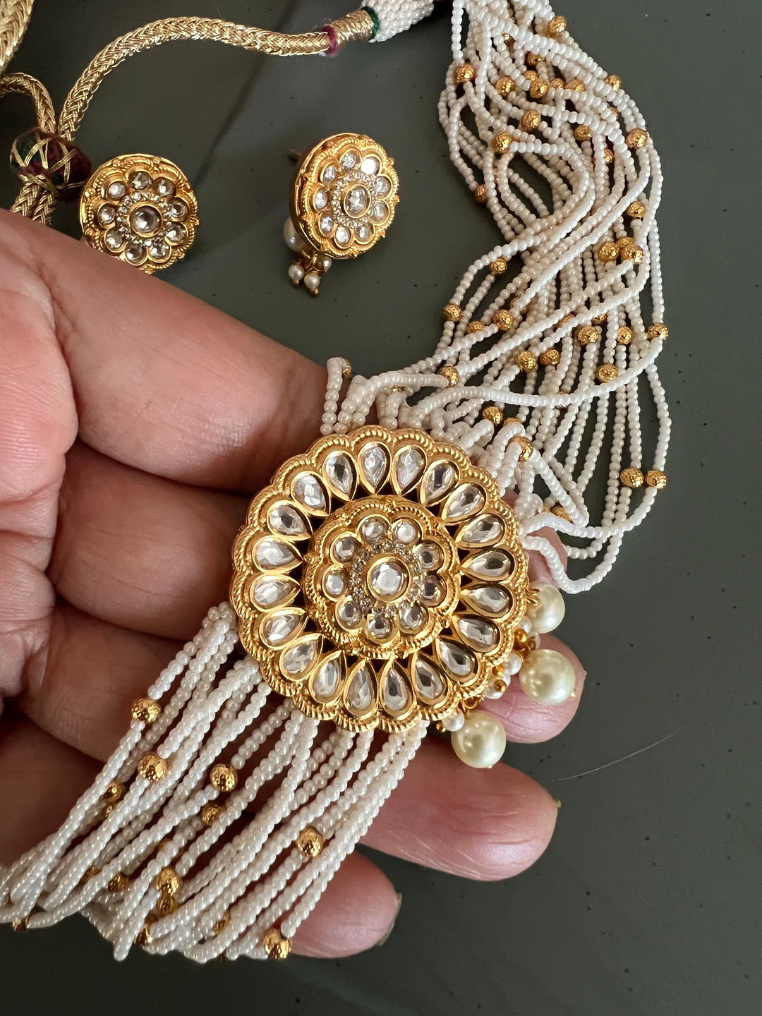 Gold Beaded Pearl Kundan Choker with Studs