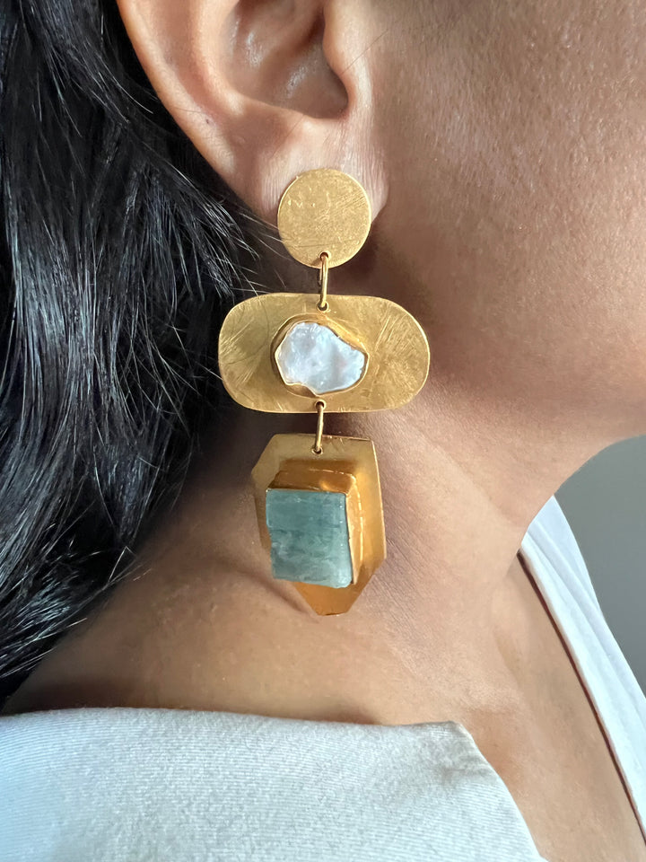 Statement Brass Danglers with Baroque Pearl and Natural Raw Gemstones