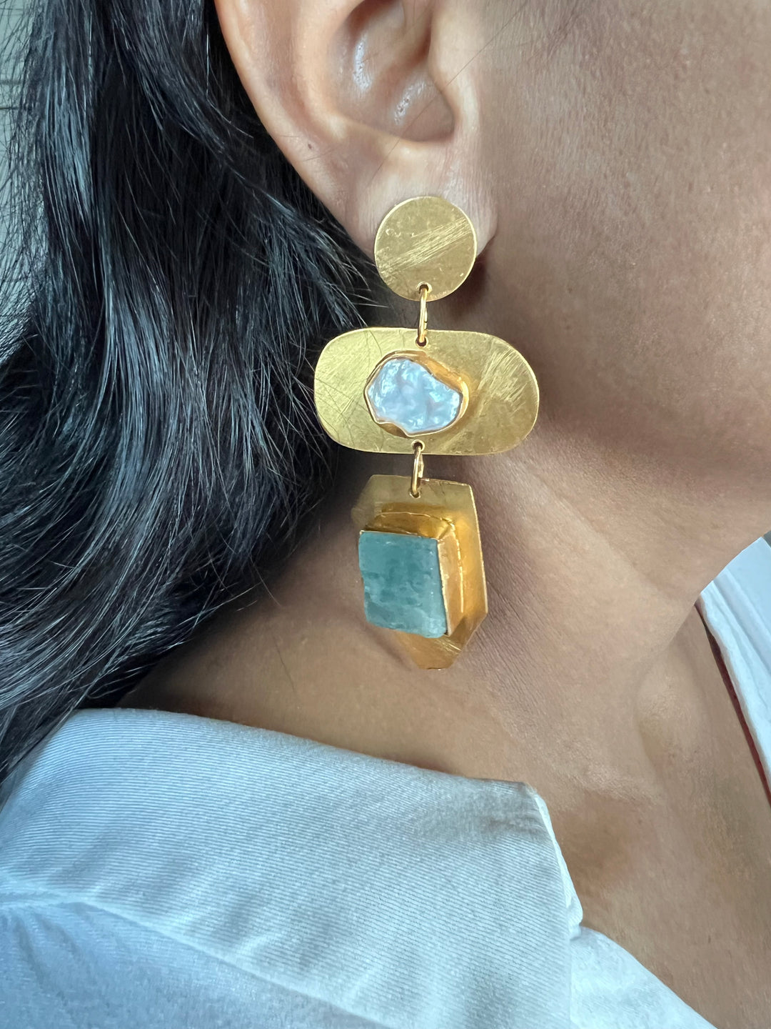 Statement Brass Danglers with Baroque Pearl and Natural Raw Gemstones