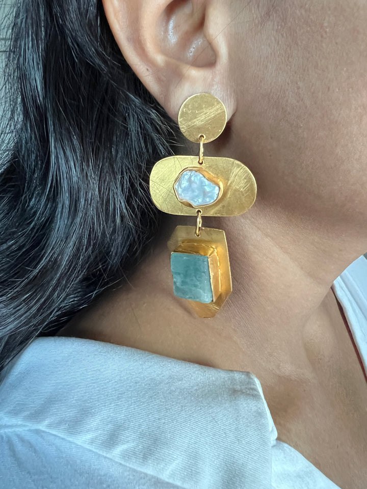 Statement Brass Danglers with Baroque Pearl and Natural Raw Gemstones