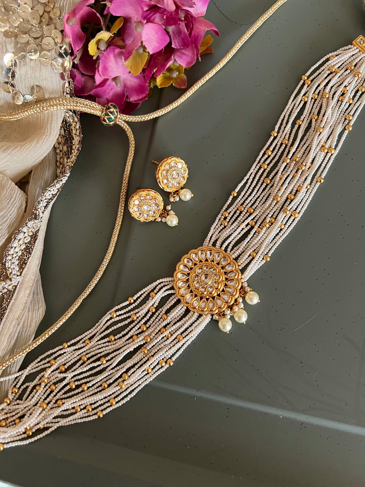 Gold Beaded Pearl Kundan Choker with Studs