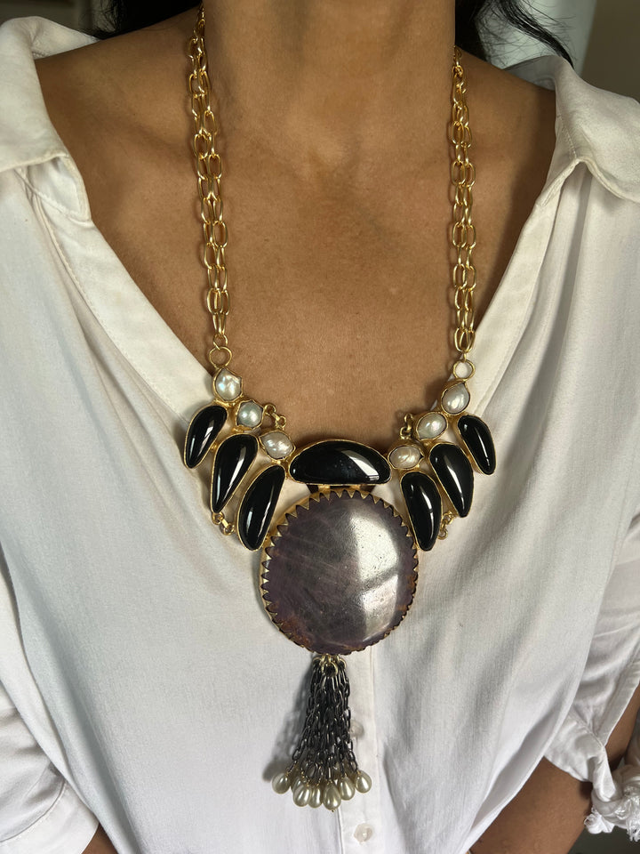 Statement Onyx and Baroque Pearls Necklace