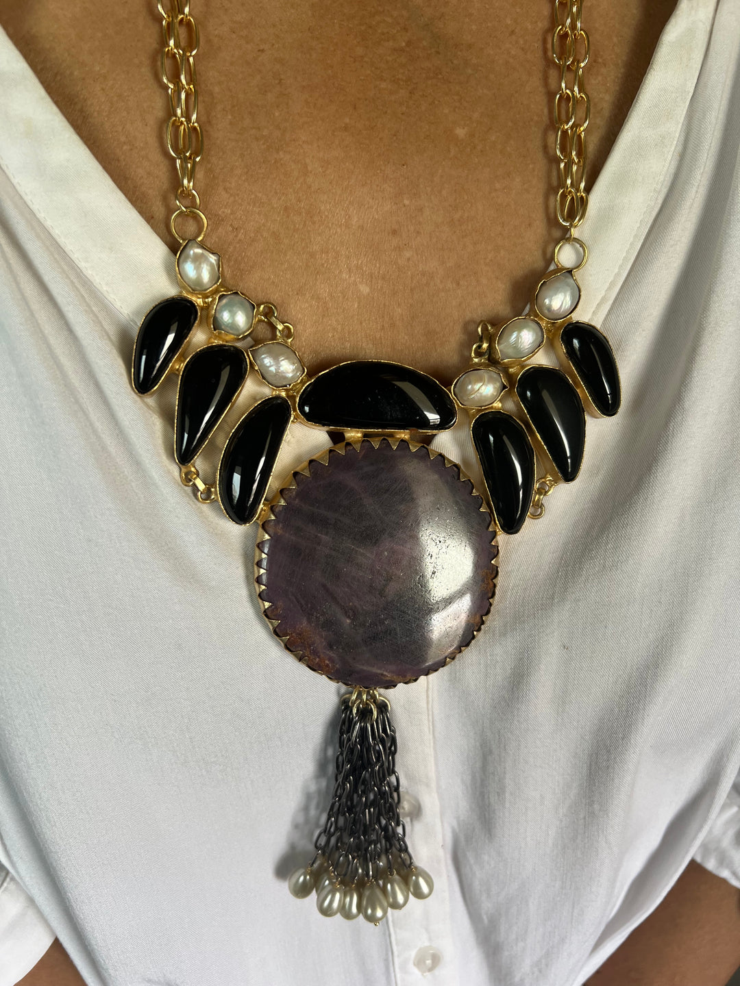 Statement Onyx and Baroque Pearls Necklace
