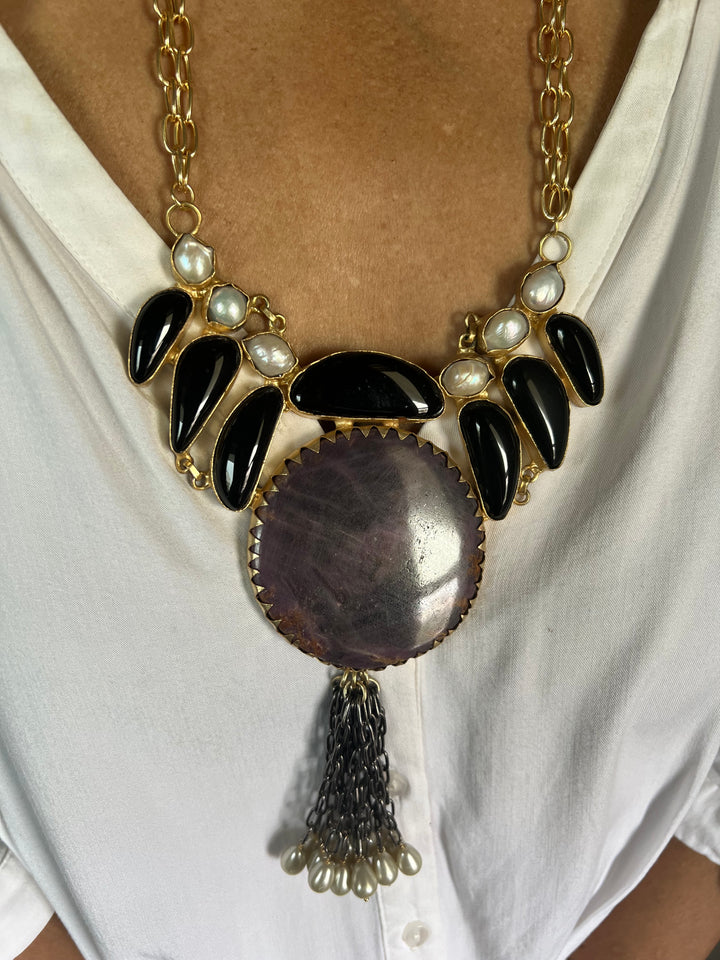 Statement Onyx and Baroque Pearls Necklace