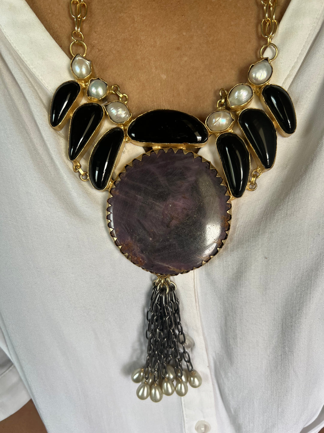 Statement Onyx and Baroque Pearls Necklace