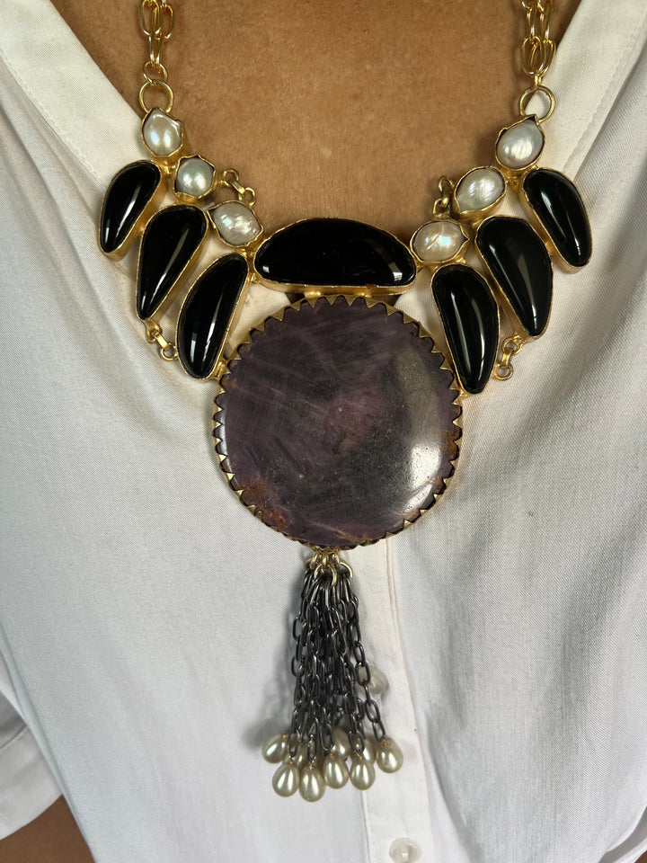 Statement Onyx and Baroque Pearls Necklace