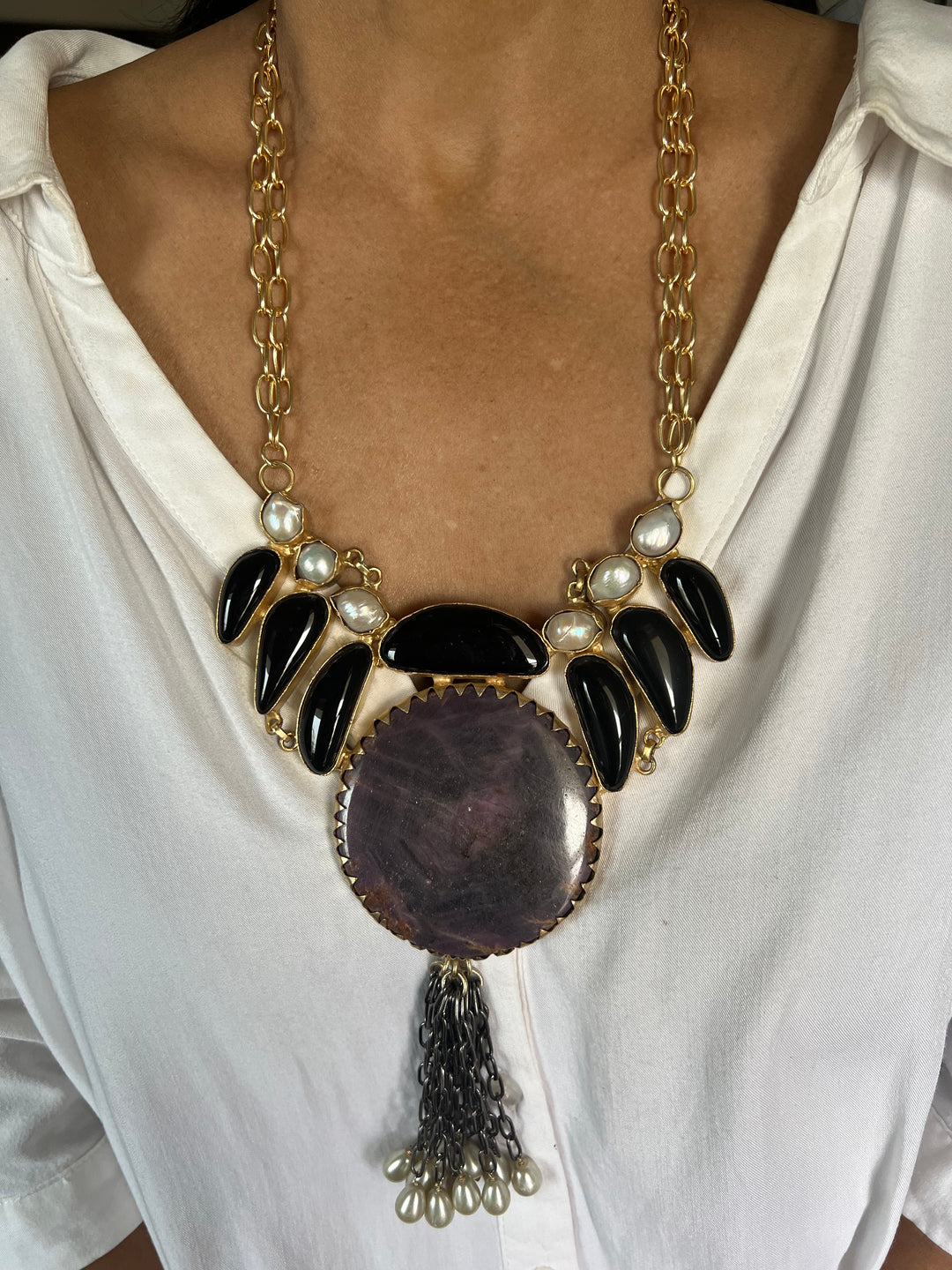 Statement Onyx and Baroque Pearls Necklace