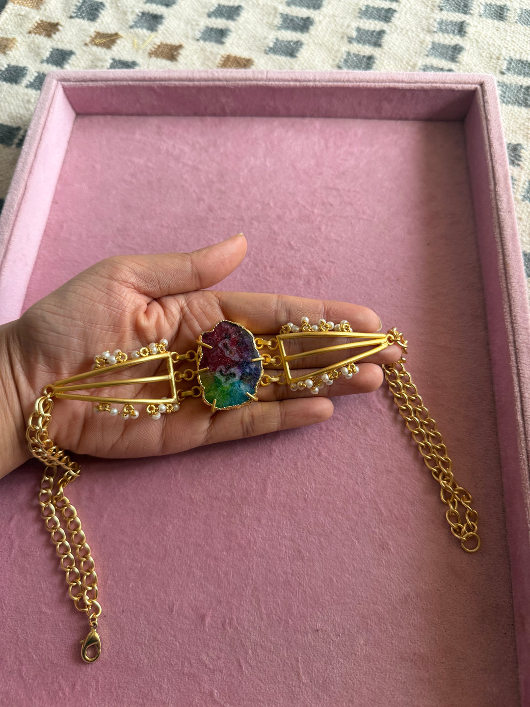 Handmade Natural Rainbow Stone Statement Choker | Brass Adjustable Lobster Claw Jewelry