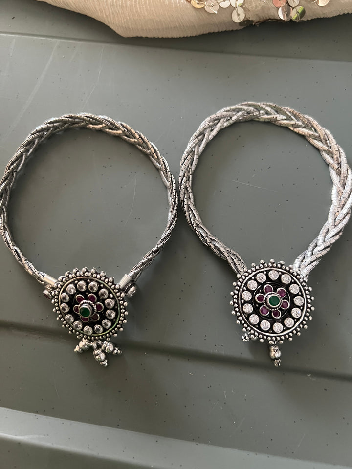 925 Tribal Silver Anklets with Stones & Ghungroos | SHIVKA Set of 2