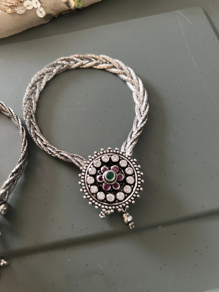 925 Tribal Silver Anklets with Stones & Ghungroos | SHIVKA Set of 2