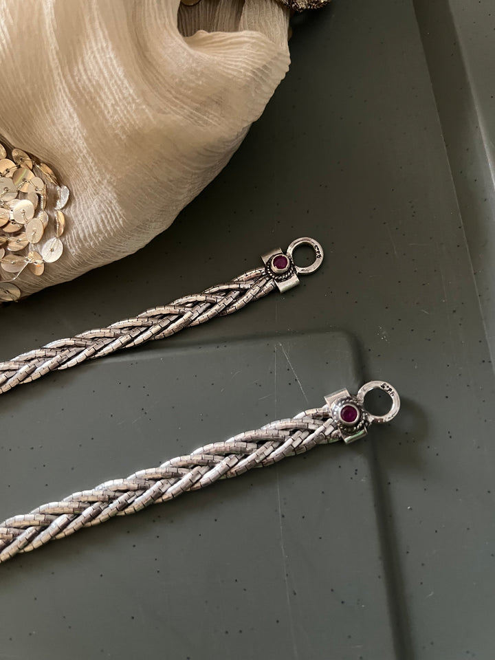 925 Tribal Silver Anklets with Stones & Ghungroos | SHIVKA Set of 2