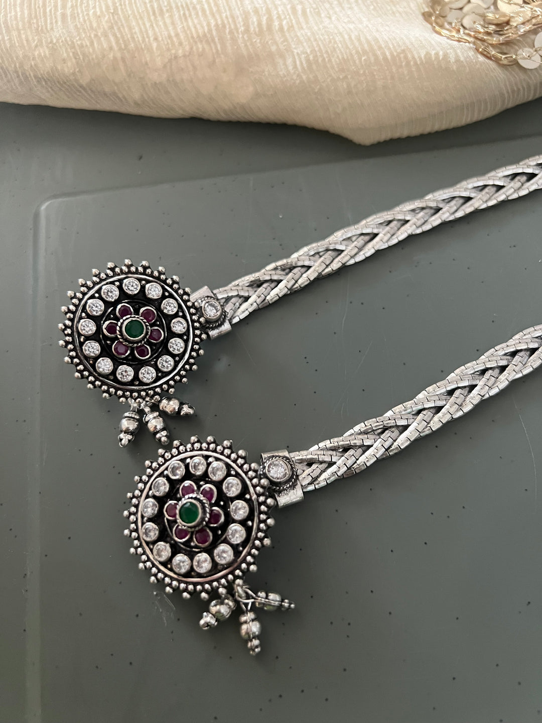 925 Tribal Silver Anklets with Stones & Ghungroos | SHIVKA Set of 2