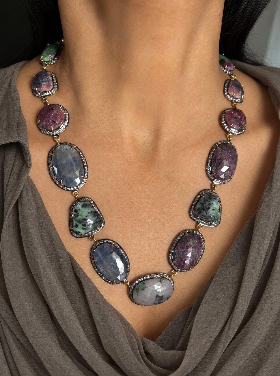 Gold-Plated Multi-Sapphire 925 Silver Necklace Set
