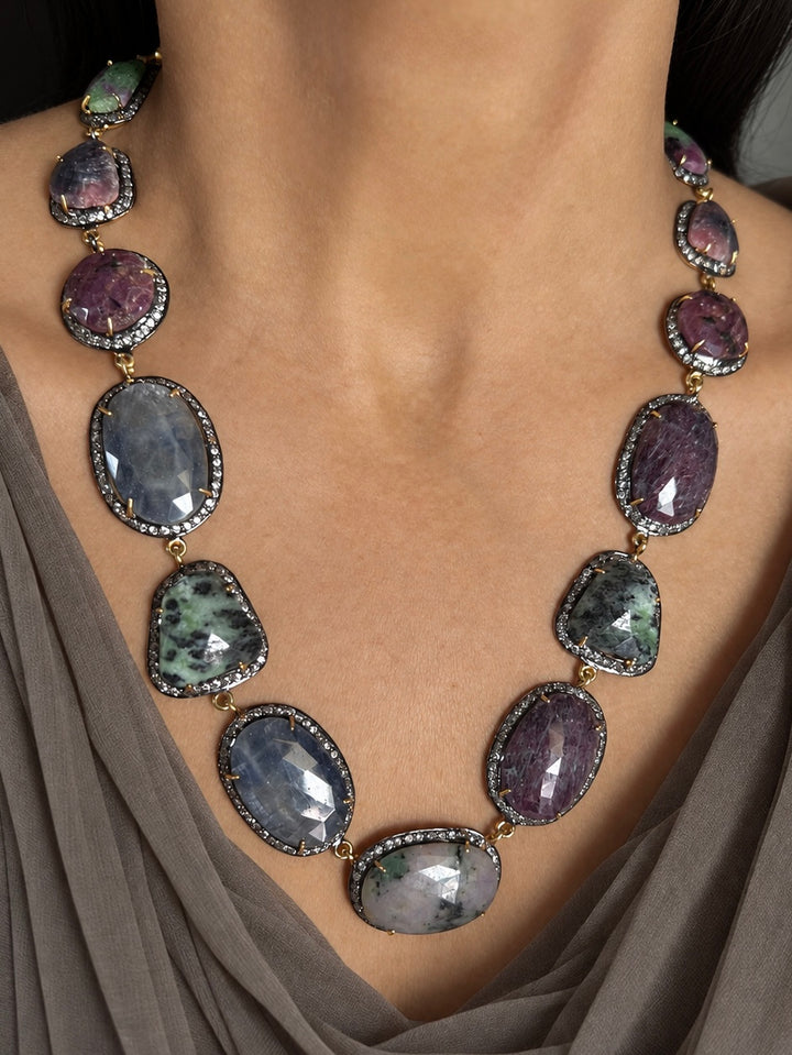 Gold-Plated Multi-Sapphire 925 Silver Necklace Set