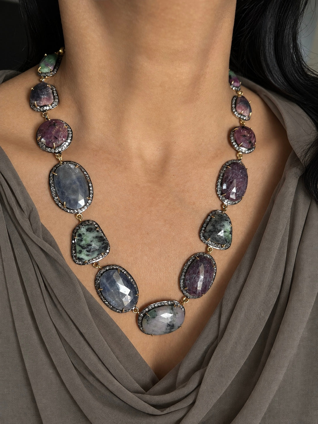 Gold-Plated Multi-Sapphire 925 Silver Necklace Set