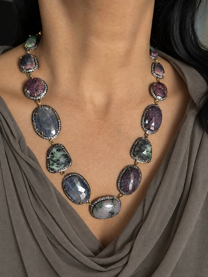 Gold-Plated Multi-Sapphire 925 Silver Necklace Set
