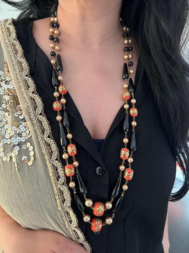 Vintage Handpainted Corals and Black Onyx Necklace
