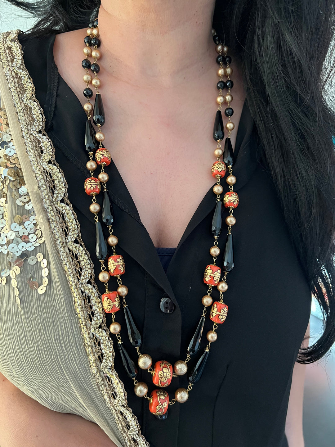 Vintage Handpainted Corals and Black Onyx Necklace