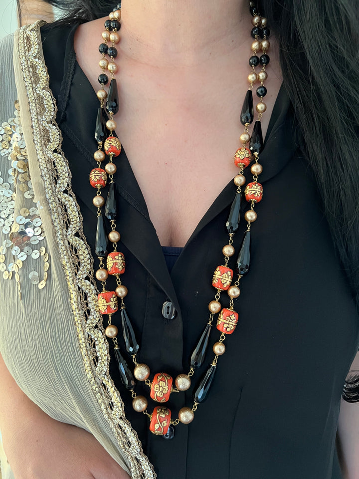 Vintage Handpainted Corals and Black Onyx Necklace