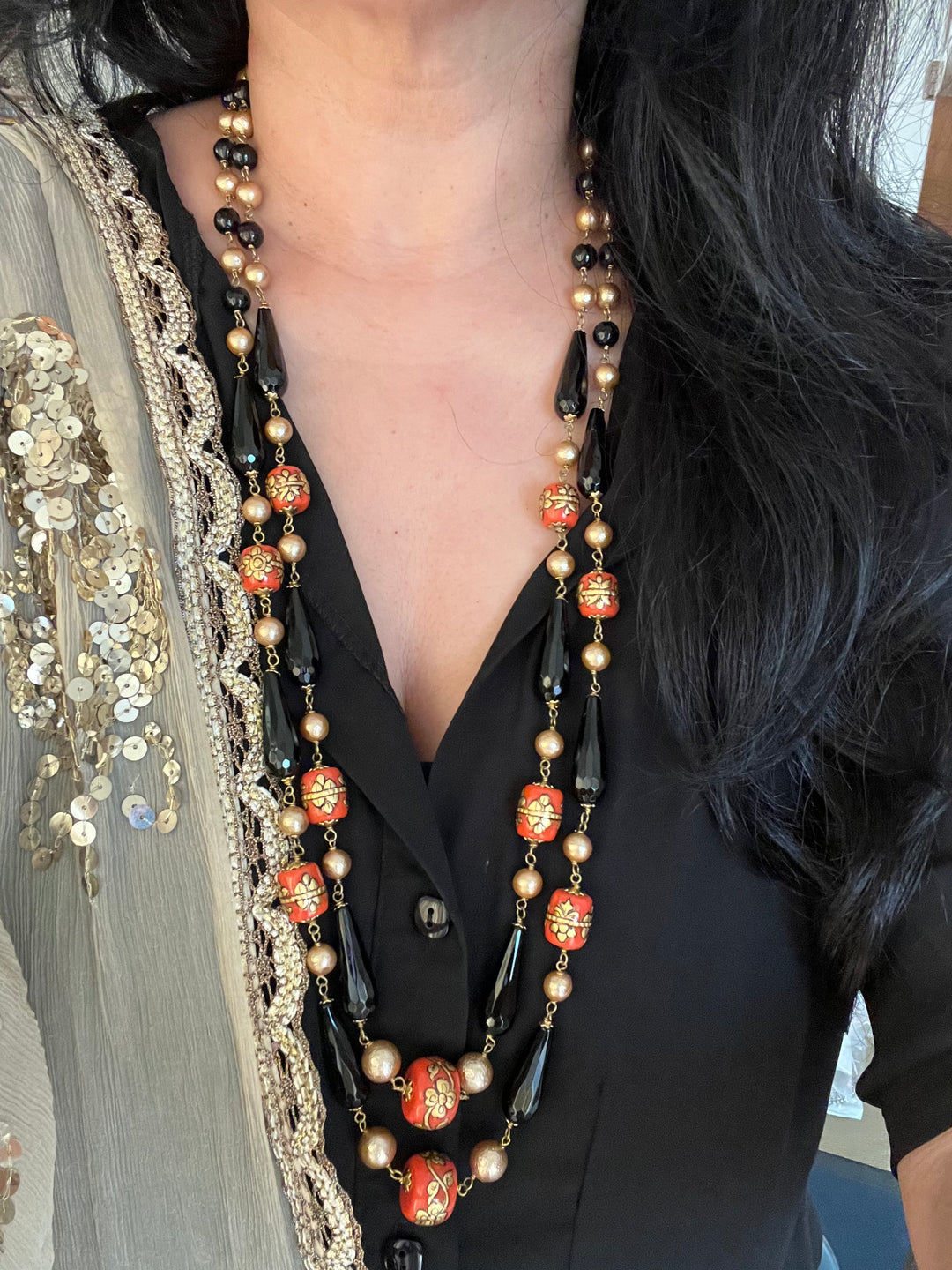 Vintage Handpainted Corals and Black Onyx Necklace