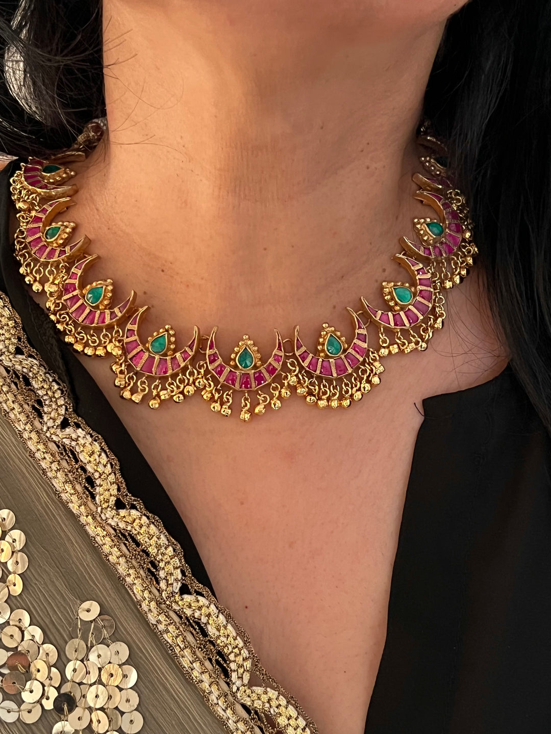 Multicoloured Crescent Kundan Necklace with Earrings
