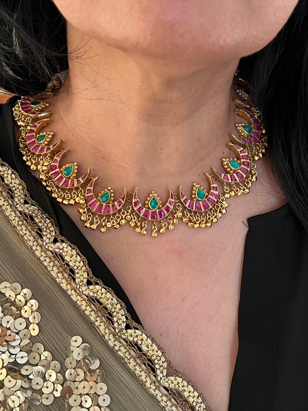 Multicoloured Crescent Kundan Necklace with Earrings