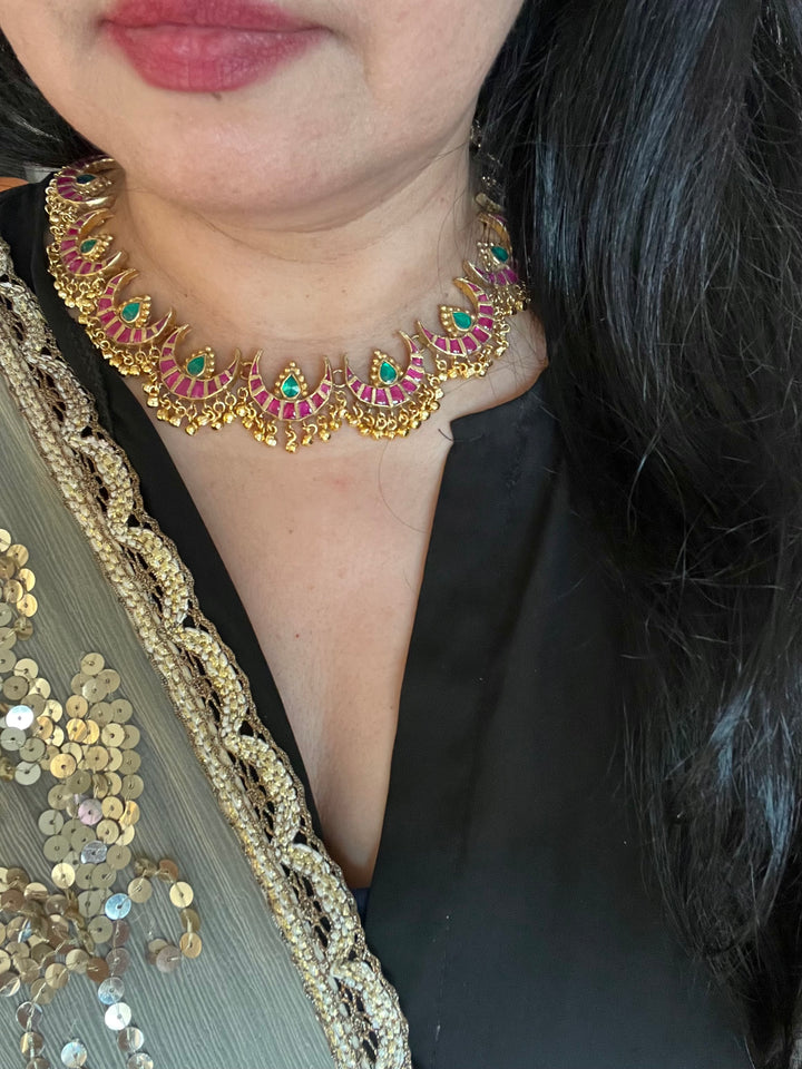 Multicoloured Crescent Kundan Necklace with Earrings