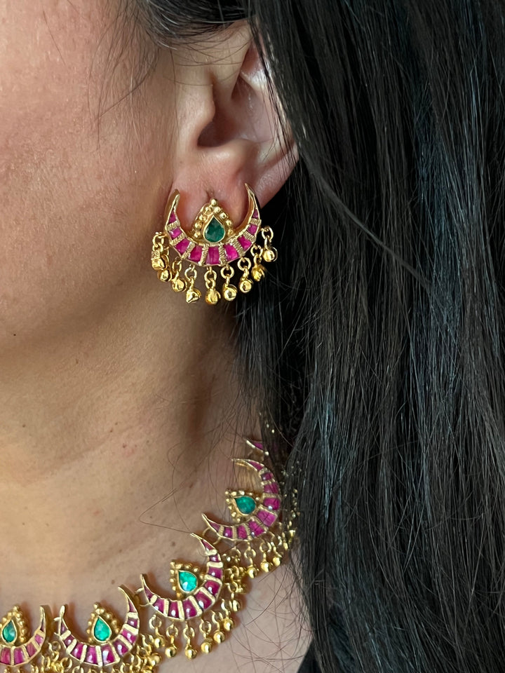 Multicoloured Crescent Kundan Necklace with Earrings