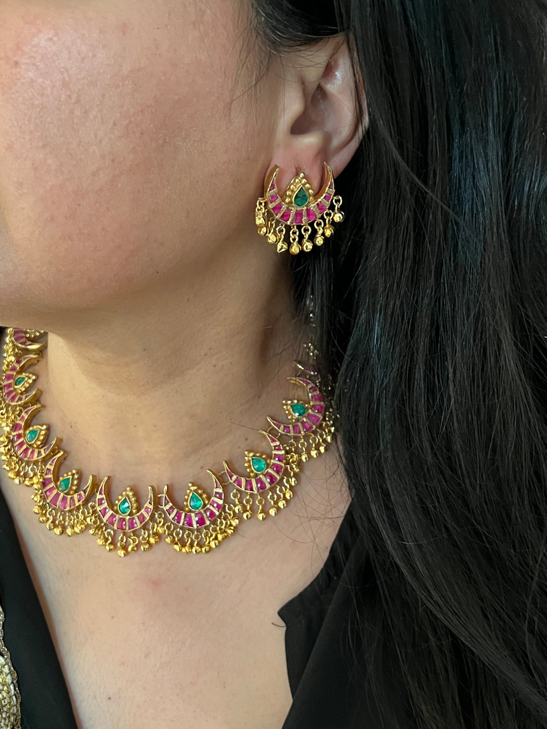 Multicoloured Crescent Kundan Necklace with Earrings