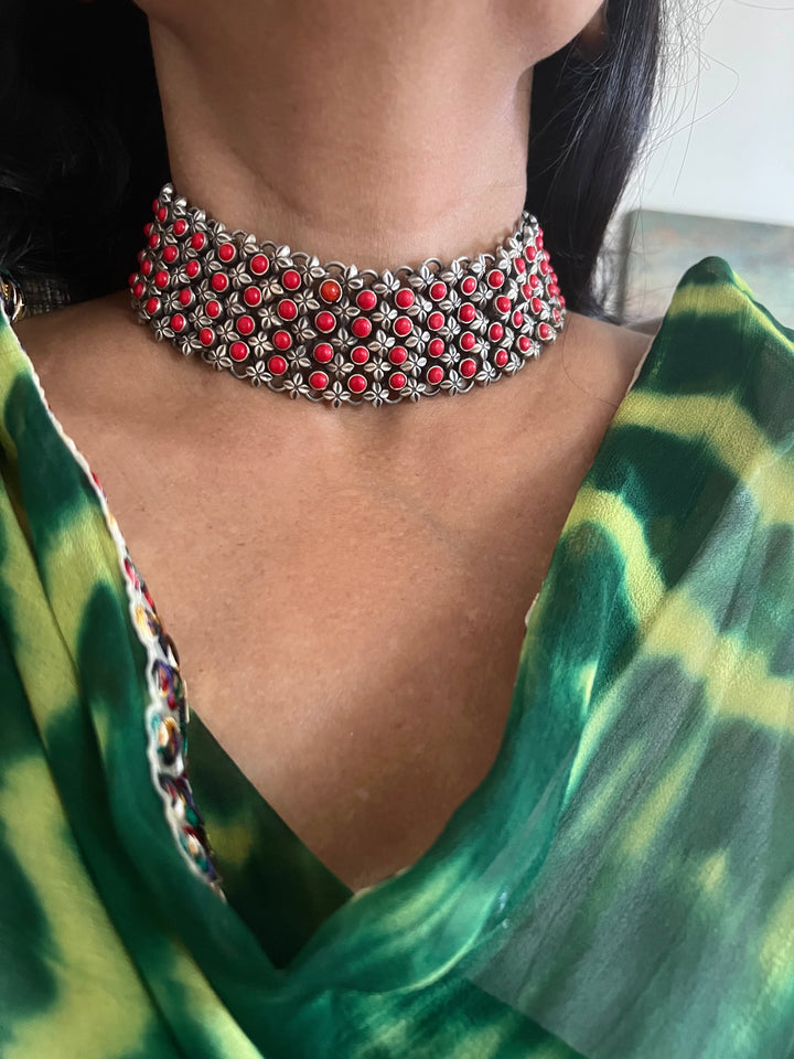 One-of-a-Kind Handmade Coral Stone Silver Choker