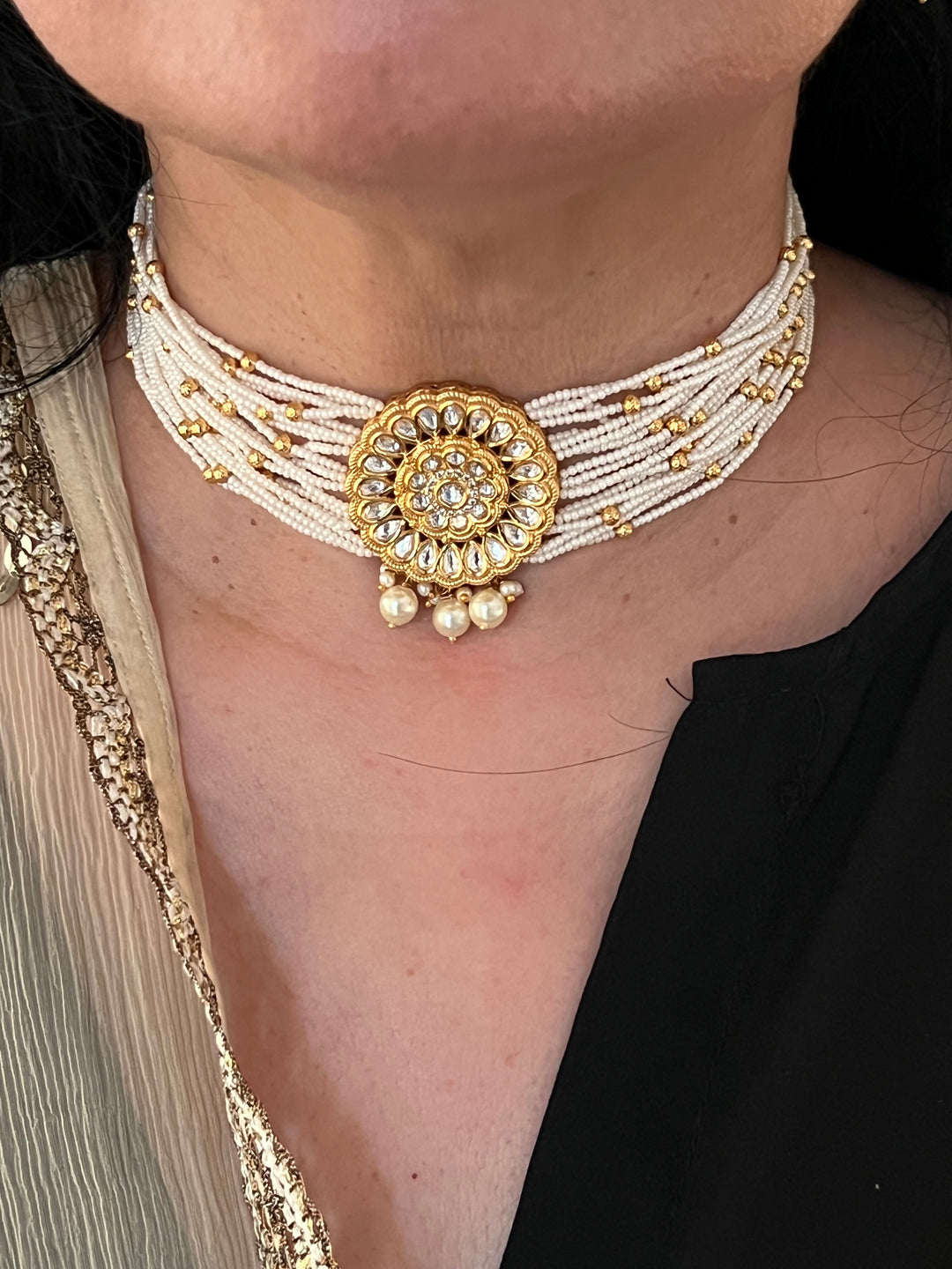 Gold Beaded Pearl Kundan Choker with Studs