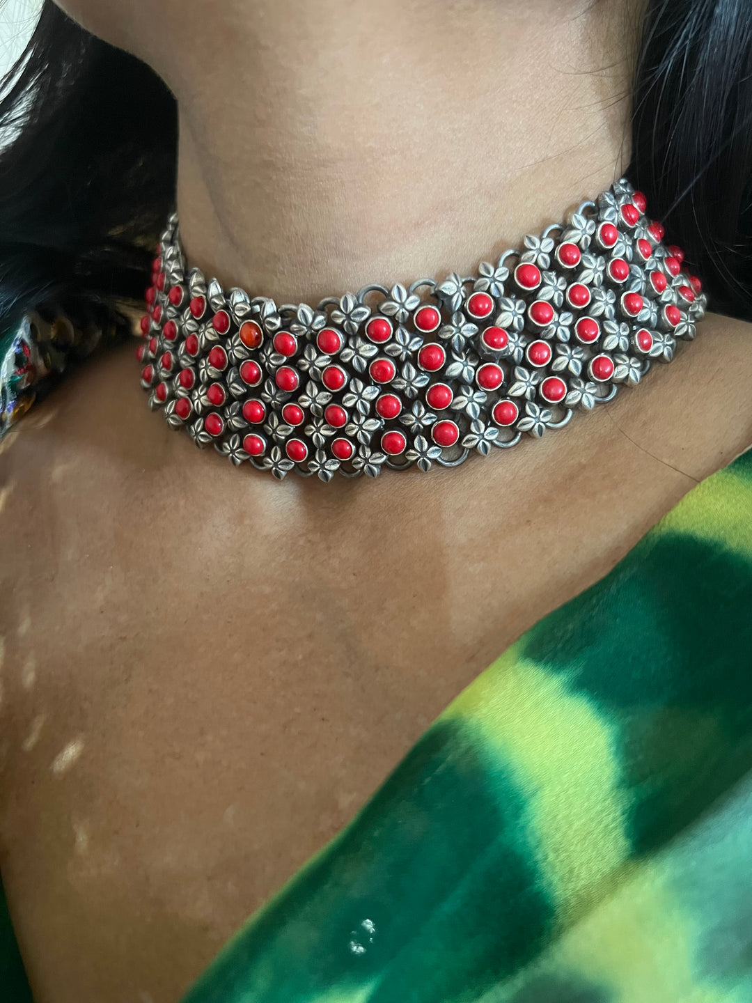 One-of-a-Kind Handmade Coral Stone Silver Choker