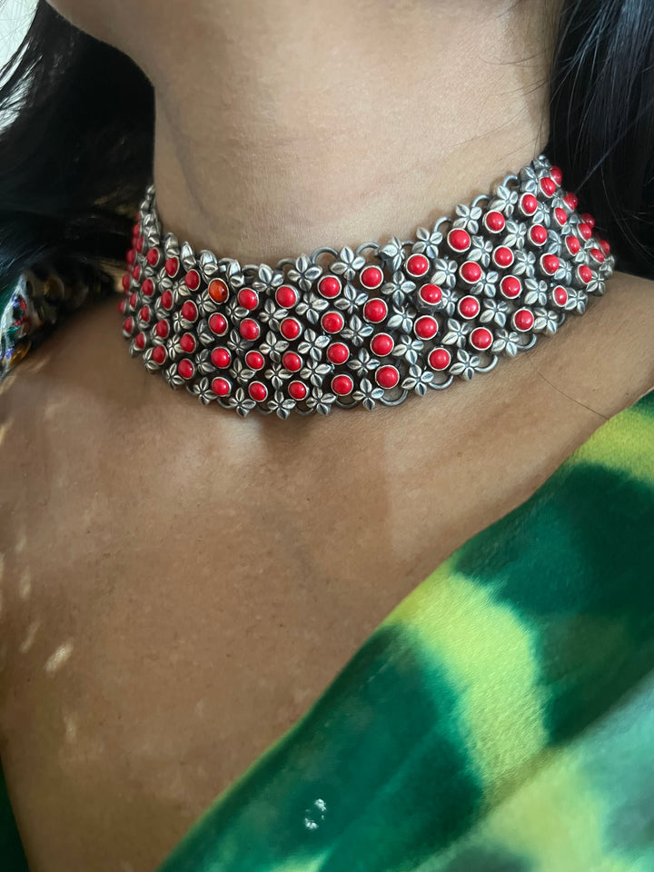 One-of-a-Kind Handmade Coral Stone Silver Choker