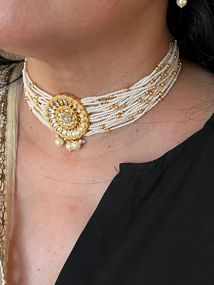 Gold Beaded Pearl Kundan Choker with Studs