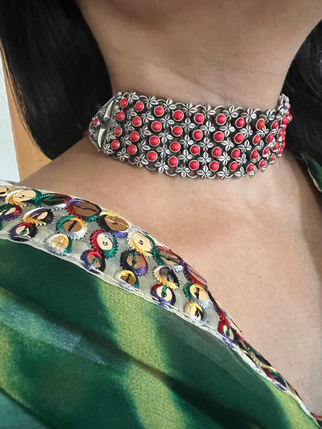 One-of-a-Kind Handmade Coral Stone Silver Choker